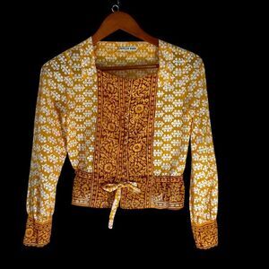 Phyllis Sues Vintage 1980's NWOT‎ Gold/Wine/White Peplum Painted Linen Top Sz S